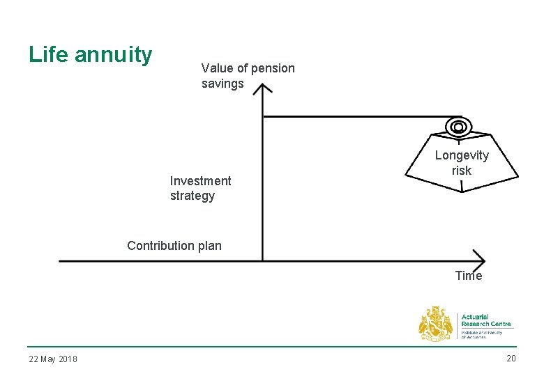 Life annuity Value of pension savings Investment strategy Longevity risk Contribution plan Time 22