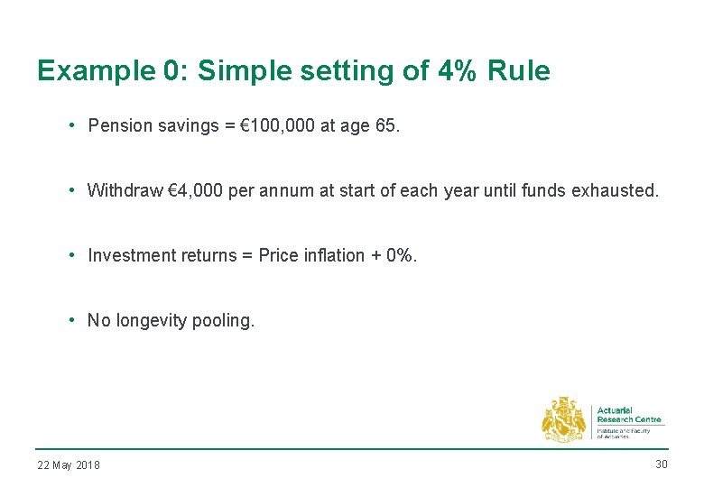 Example 0: Simple setting of 4% Rule • Pension savings = € 100, 000