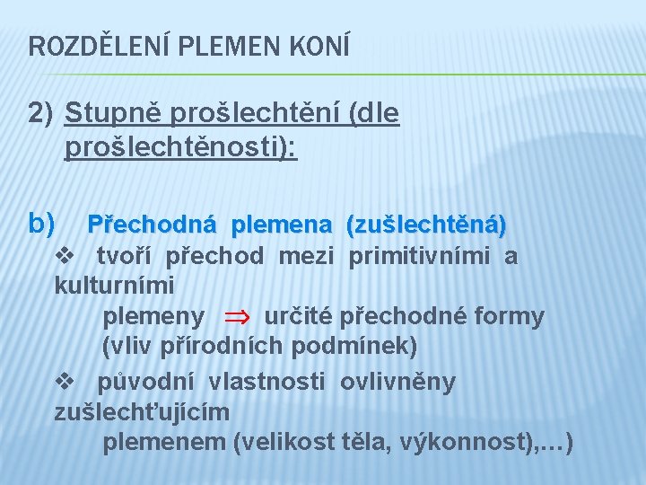 ROZDĚLENÍ PLEMEN KONÍ 2) Stupně prošlechtění (dle prošlechtěnosti): b) Přechodná plemena (zušlechtěná) v tvoří