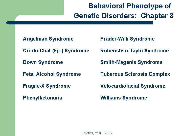 Behavioral Phenotype of Genetic Disorders: Chapter 3 Angelman Syndrome Prader-Willi Syndrome Cri-du-Chat (5 p-)