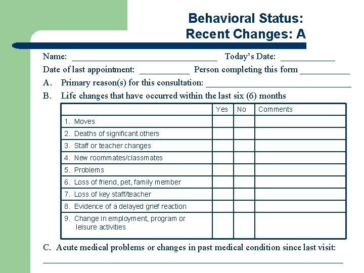 Behavioral Status: Recent Changes: A Name: ________________ Today’s Date: ______ Date of last appointment: