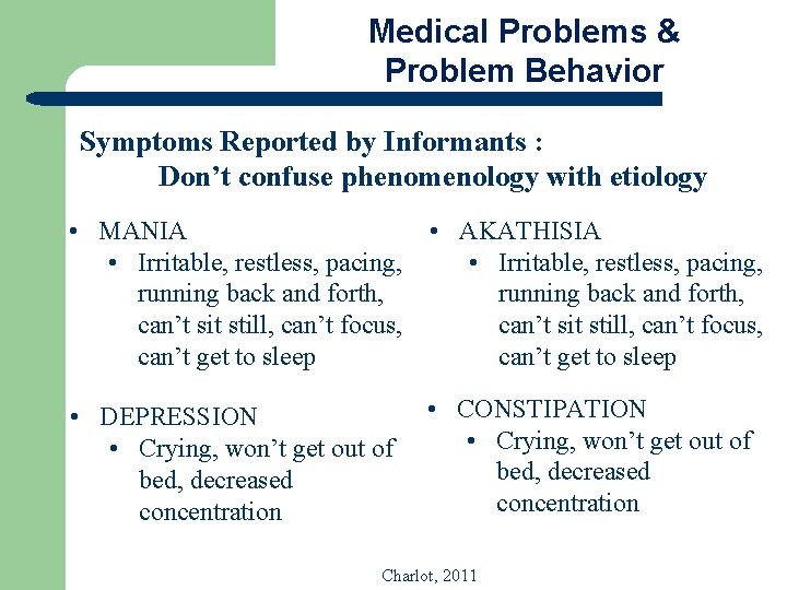 Medical Problems & Problem Behavior Symptoms Reported by Informants : Don’t confuse phenomenology with