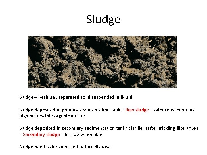 Sludge – Residual, separated solid suspended in liquid Sludge deposited in primary sedimentation tank