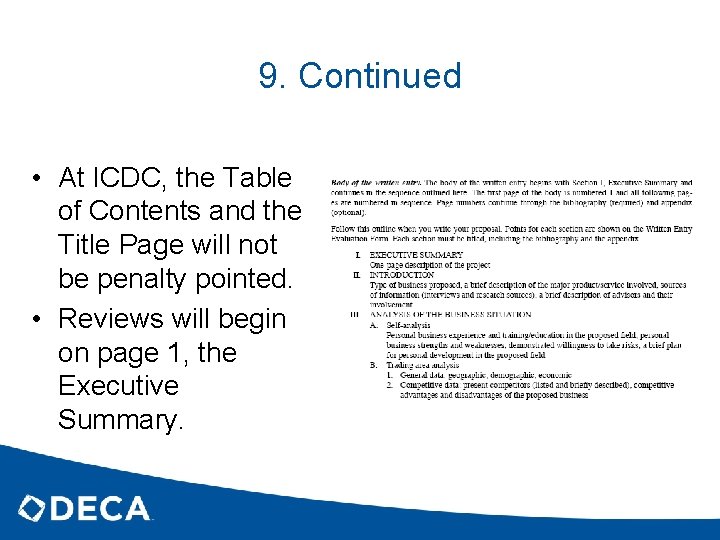 9. Continued • At ICDC, the Table of Contents and the Title Page will