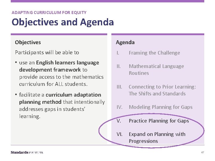 ADAPTING CURRICULUM FOR EQUITY Objectives and Agenda Objectives Agenda Participants will be able to