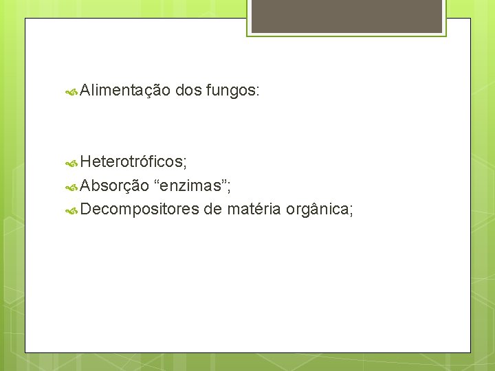  Alimentação dos fungos: Heterotróficos; Absorção “enzimas”; Decompositores de matéria orgânica; 