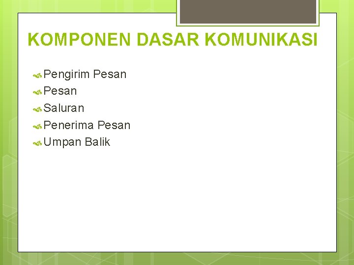 KOMPONEN DASAR KOMUNIKASI Pengirim Pesan Saluran Penerima Pesan Umpan Balik 