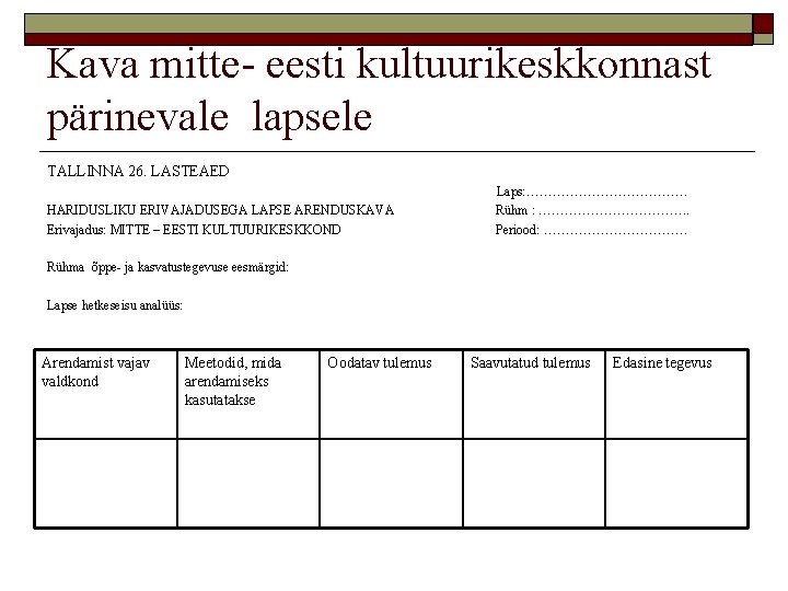 Kava mitte- eesti kultuurikeskkonnast pärinevale lapsele TALLINNA 26. LASTEAED HARIDUSLIKU ERIVAJADUSEGA LAPSE ARENDUSKAVA Erivajadus: