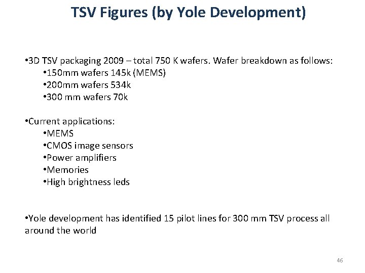 TSV Figures (by Yole Development) • 3 D TSV packaging 2009 – total 750