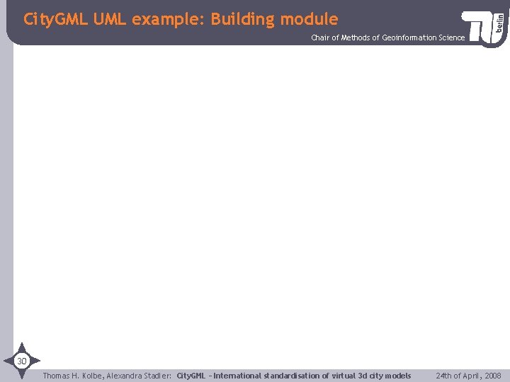 City. GML UML example: Building module Chair of Methods of Geoinformation Science 30 Thomas