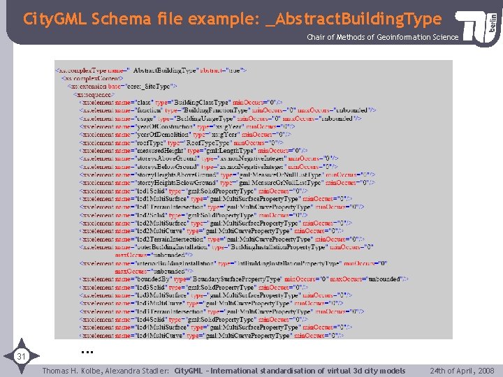 City. GML Schema file example: _Abstract. Building. Type Chair of Methods of Geoinformation Science