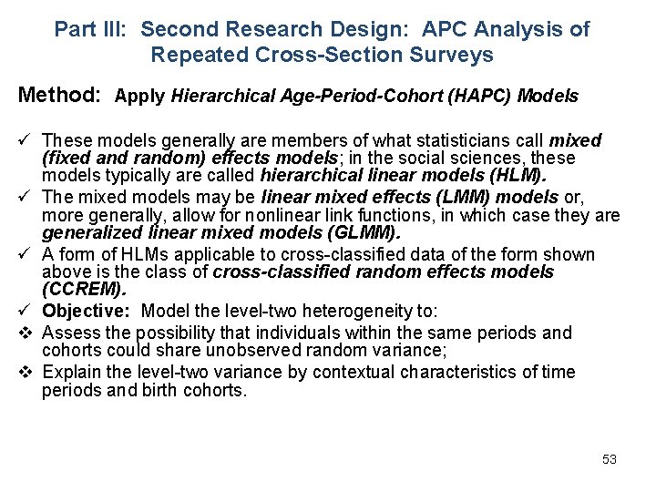 Part III: Second Research Design: APC Analysis of Repeated Cross-Section Surveys Method: Apply Hierarchical