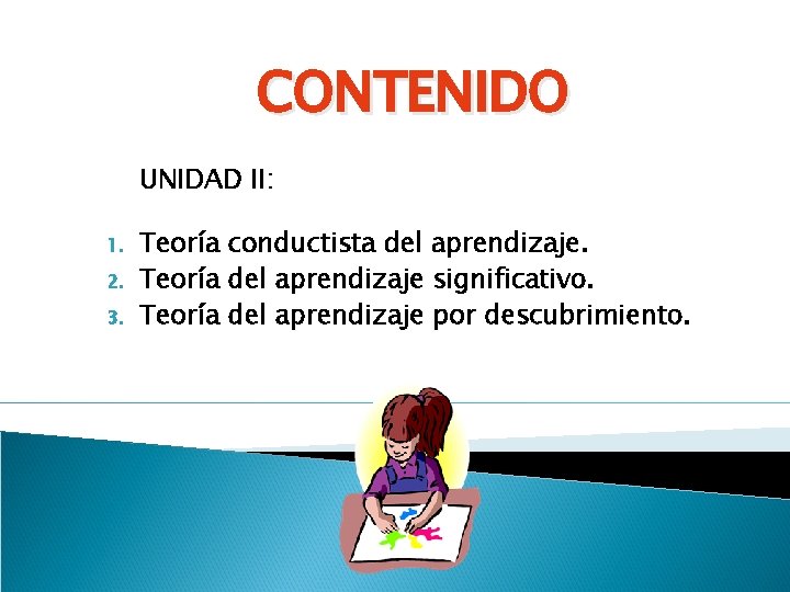 CONTENIDO UNIDAD II: 1. 2. 3. Teoría conductista del aprendizaje. Teoría del aprendizaje significativo. CONTENIDO UNIDAD II: 1. 2. 3. Teoría conductista del aprendizaje. Teoría del aprendizaje significativo.