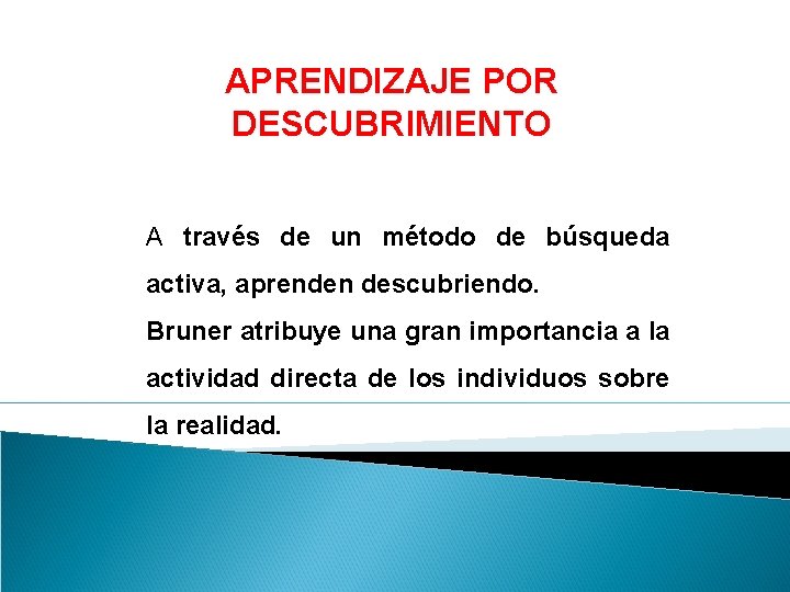 APRENDIZAJE POR DESCUBRIMIENTO A través de un método de búsqueda activa, aprenden descubriendo. Bruner APRENDIZAJE POR DESCUBRIMIENTO A través de un método de búsqueda activa, aprenden descubriendo. Bruner