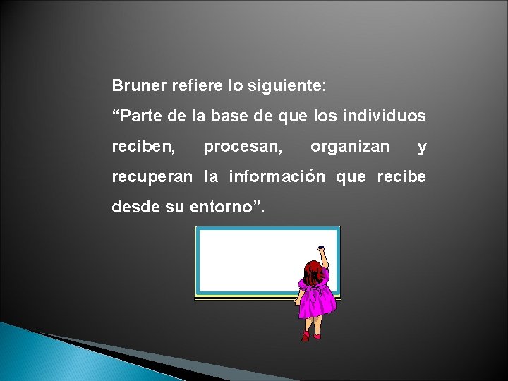 Bruner refiere lo siguiente: “Parte de la base de que los individuos reciben, procesan, Bruner refiere lo siguiente: “Parte de la base de que los individuos reciben, procesan,