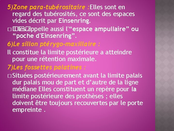 5)Zone para-tubérositaire : Elles sont en regard des tubérosités, ce sont des espaces vides