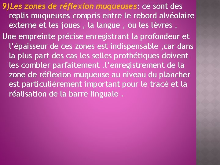 9)Les zones de réflexion muqueuses: ce sont des replis muqueuses compris entre le rebord