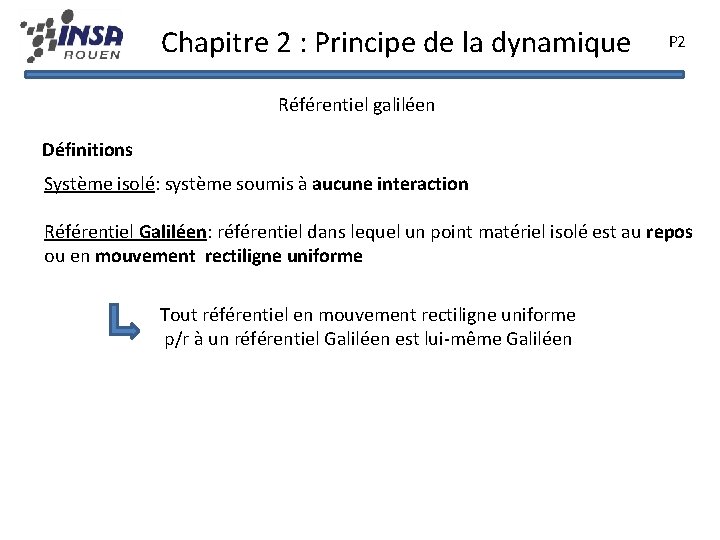 Chapitre 2 : Principe de la dynamique P 2 Référentiel galiléen Définitions Système isolé: