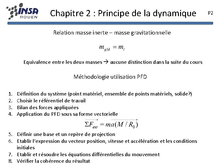 Chapitre 2 : Principe de la dynamique Relation masse inerte – masse gravitationnelle Equivalence