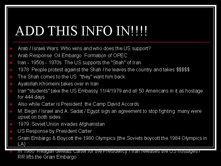 ADD THIS INFO IN!!!! n n n n Arab / Israeli Wars Who wins