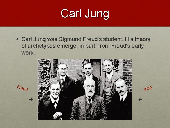 Carl Jung • Carl Jung was Sigmund Freud’s student. His theory of archetypes emerge,