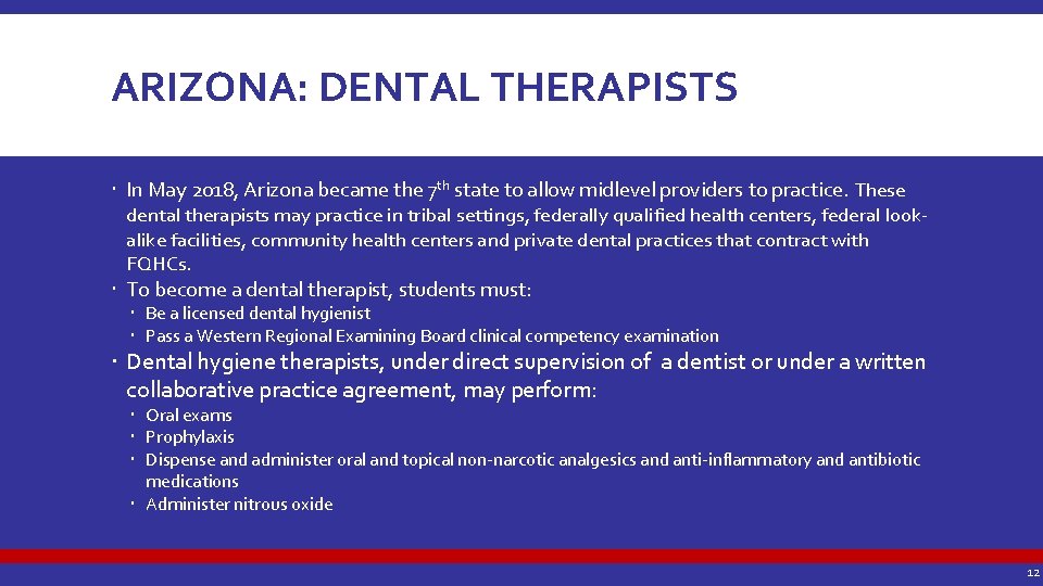 ARIZONA: DENTAL THERAPISTS In May 2018, Arizona became the 7 th state to allow