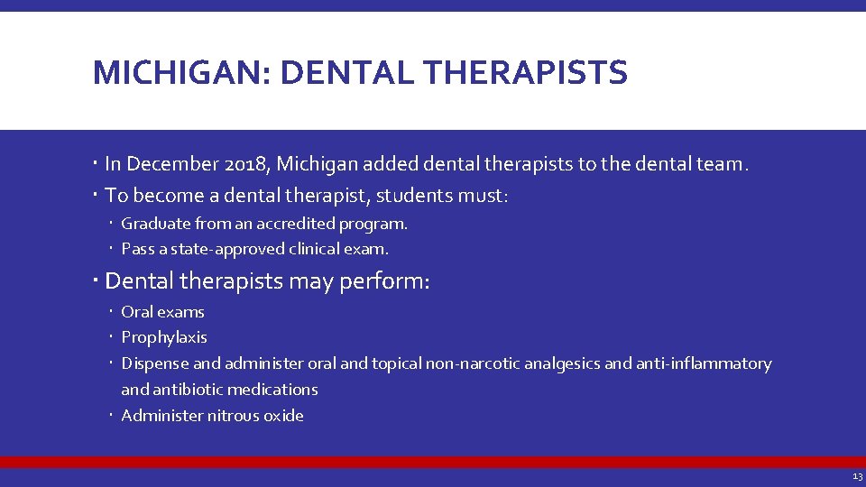 MICHIGAN: DENTAL THERAPISTS In December 2018, Michigan added dental therapists to the dental team.