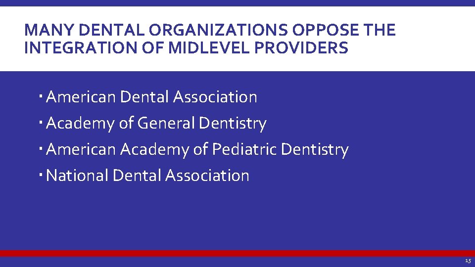 MANY DENTAL ORGANIZATIONS OPPOSE THE INTEGRATION OF MIDLEVEL PROVIDERS American Dental Association Academy of