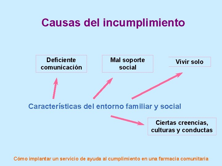Causas del incumplimiento Deficiente comunicación Mal soporte social Vivir solo Características del entorno familiar
