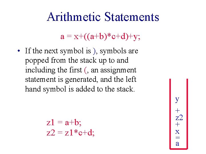 Arithmetic Statements a = x+((a+b)*c+d)+y; • If the next symbol is ), symbols are