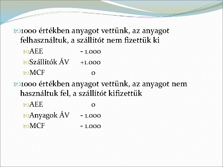  1000 értékben anyagot vettünk, az anyagot felhasználtuk, a szállítót nem fizettük ki AEE