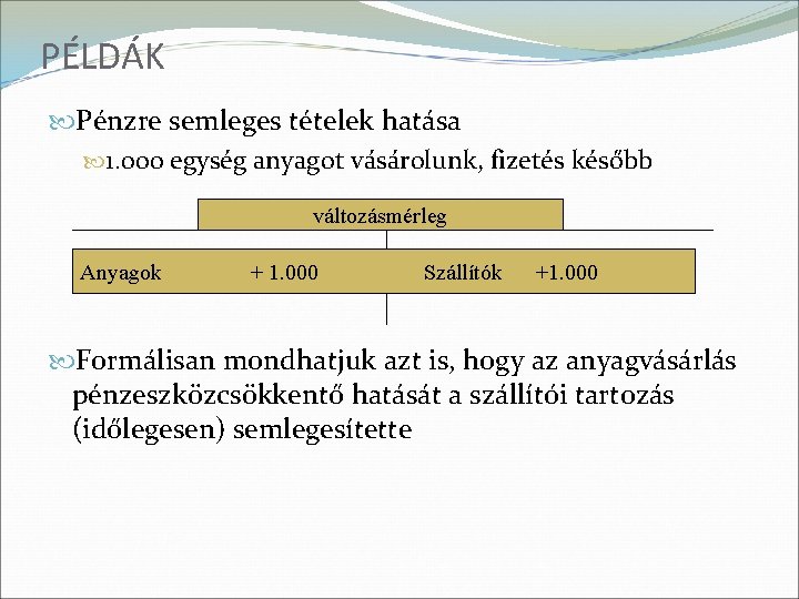 PÉLDÁK Pénzre semleges tételek hatása 1. 000 egység anyagot vásárolunk, fizetés később változásmérleg Anyagok