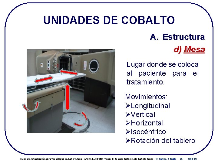 UNIDADES DE COBALTO A. Estructura d) Mesa Lugar donde se coloca al paciente para UNIDADES DE COBALTO A. Estructura d) Mesa Lugar donde se coloca al paciente para