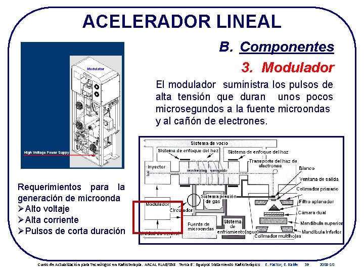 ACELERADOR LINEAL B. Componentes 3. Modulador El modulador suministra los pulsos de alta tensión ACELERADOR LINEAL B. Componentes 3. Modulador El modulador suministra los pulsos de alta tensión