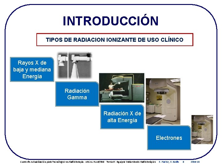 INTRODUCCIÓN TIPOS DE RADIACION IONIZANTE DE USO CLÍNICO Rayos X de baja y mediana INTRODUCCIÓN TIPOS DE RADIACION IONIZANTE DE USO CLÍNICO Rayos X de baja y mediana