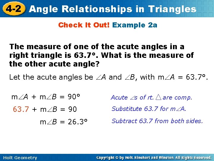 4 -2 Angle Relationships in Triangles Check It Out! Example 2 a The measure