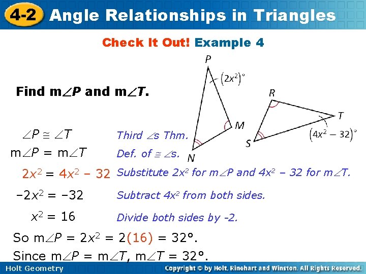 4 -2 Angle Relationships in Triangles Check It Out! Example 4 Find m P