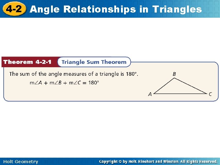 4 -2 Angle Relationships in Triangles Holt Geometry 