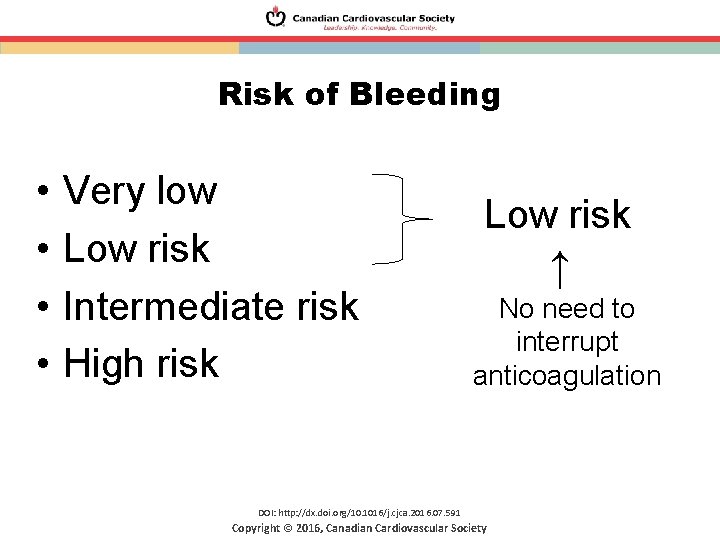 Risk of Bleeding • • Very low Low risk Intermediate risk High risk Low Risk of Bleeding • • Very low Low risk Intermediate risk High risk Low