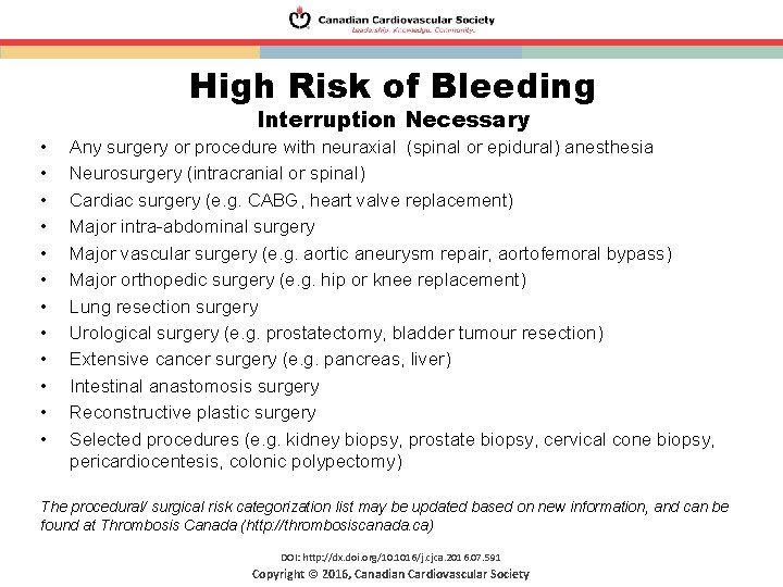 High Risk of Bleeding Interruption Necessary • • • Any surgery or procedure with