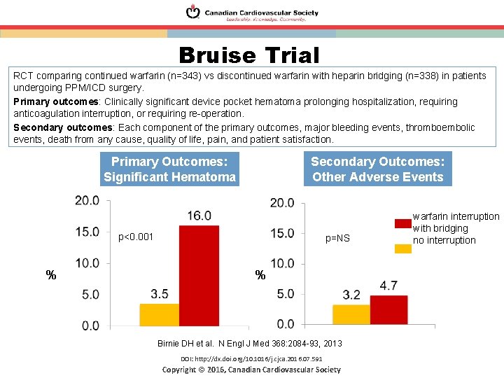 Bruise Trial RCT comparing continued warfarin (n=343) vs discontinued warfarin with heparin bridging (n=338)