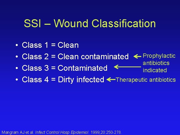 SSI – Wound Classification • • Class 1 = Clean Prophylactic Class 2 =