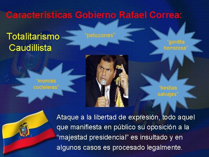 Características Gobierno Rafael Correa: Totalitarismo Caudillista “momias cocteleras” “pelucones” “gordita horrorosa” “bestias salvajes” Ataque