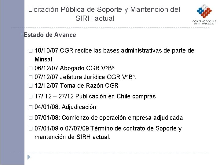 Licitación Pública de Soporte y Mantención del SIRH actual Estado de Avance 10/10/07 CGR