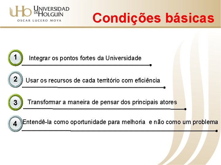 Condições básicas 1 2 3 Integrar os pontos fortes da Universidade Usar os recursos