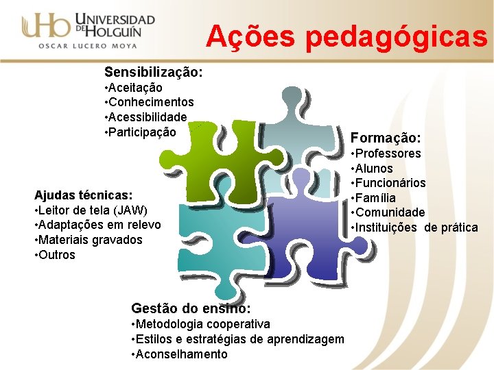 Ações pedagógicas Sensibilização: • Aceitação • Conhecimentos • Acessibilidade • Participação Ajudas técnicas: •