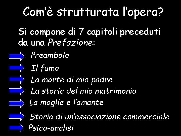 Com’è strutturata l’opera? Si compone di 7 capitoli preceduti da una Prefazione: Preambolo Il