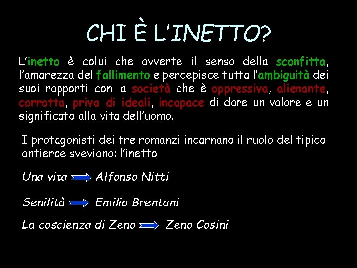 CHI È L’INETTO? L’inetto è colui che avverte il senso della sconfitta, l’amarezza del