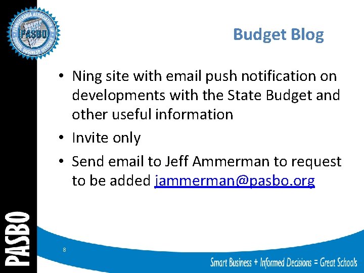 Budget Blog • Ning site with email push notification on developments with the State