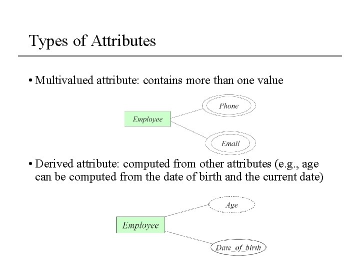 Types of Attributes • Multivalued attribute: contains more than one value • Derived attribute: